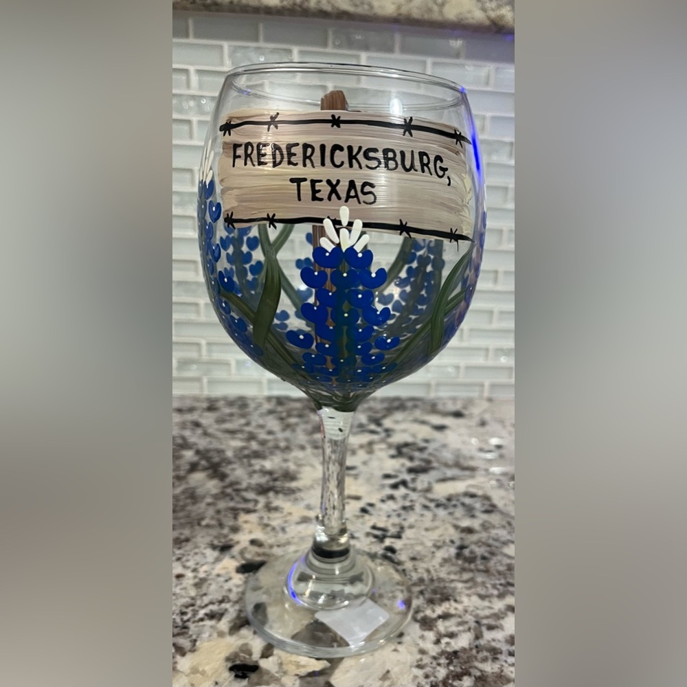 Hand-Painted Texas Wine Glass with Bluebonnets